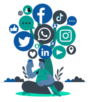 Illustration einer Person, die entspannt am Boden vor einem Baum sitzt, dessen Äste verschiedene Social-Media-Plattformen darstellen – Symbol für zentrale Kommunikation mit Superchat.