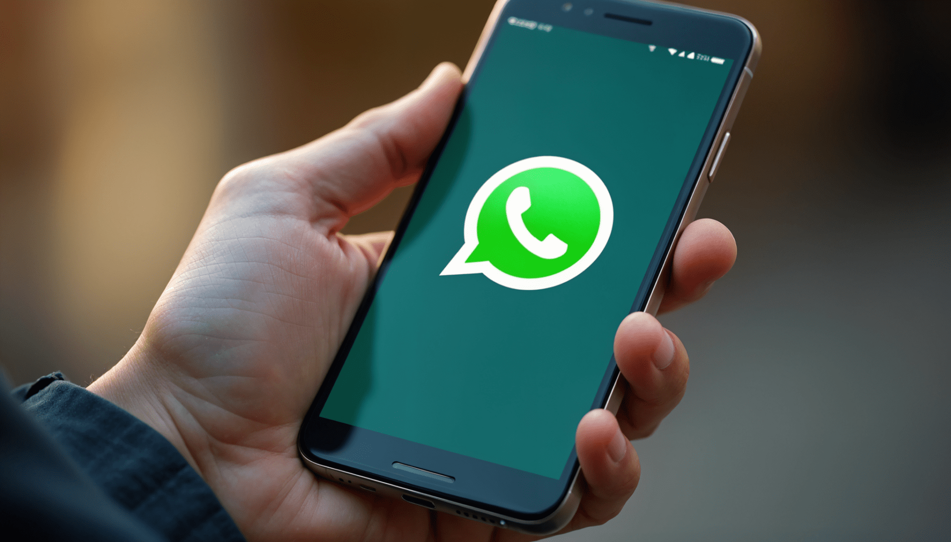 Person hält ein Smartphone in der Hand, auf dem Bildschirm ist deutlich das WhatsApp-Icon zu sehen – Darstellung eines WhatsApp Newsletters