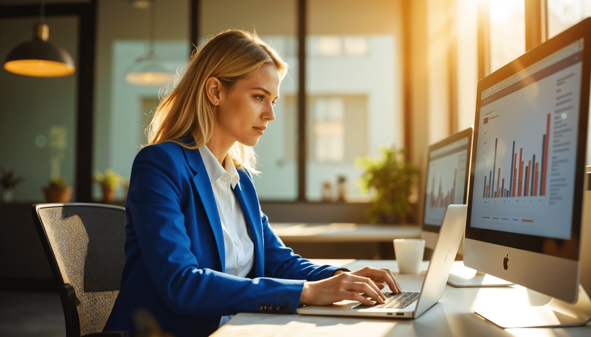 Frau arbeitet im Büro am Laptop, vor ihr ein Bildschirm mit einem Diagramm – typische Arbeitsszene einer Social Media Managerin.